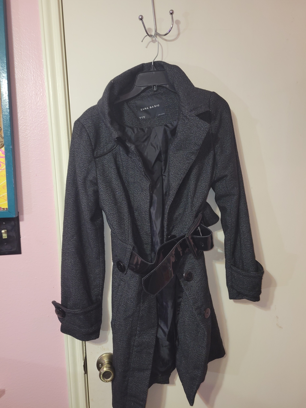 Zara Black Charcoal Textured Trench Coat with Belt